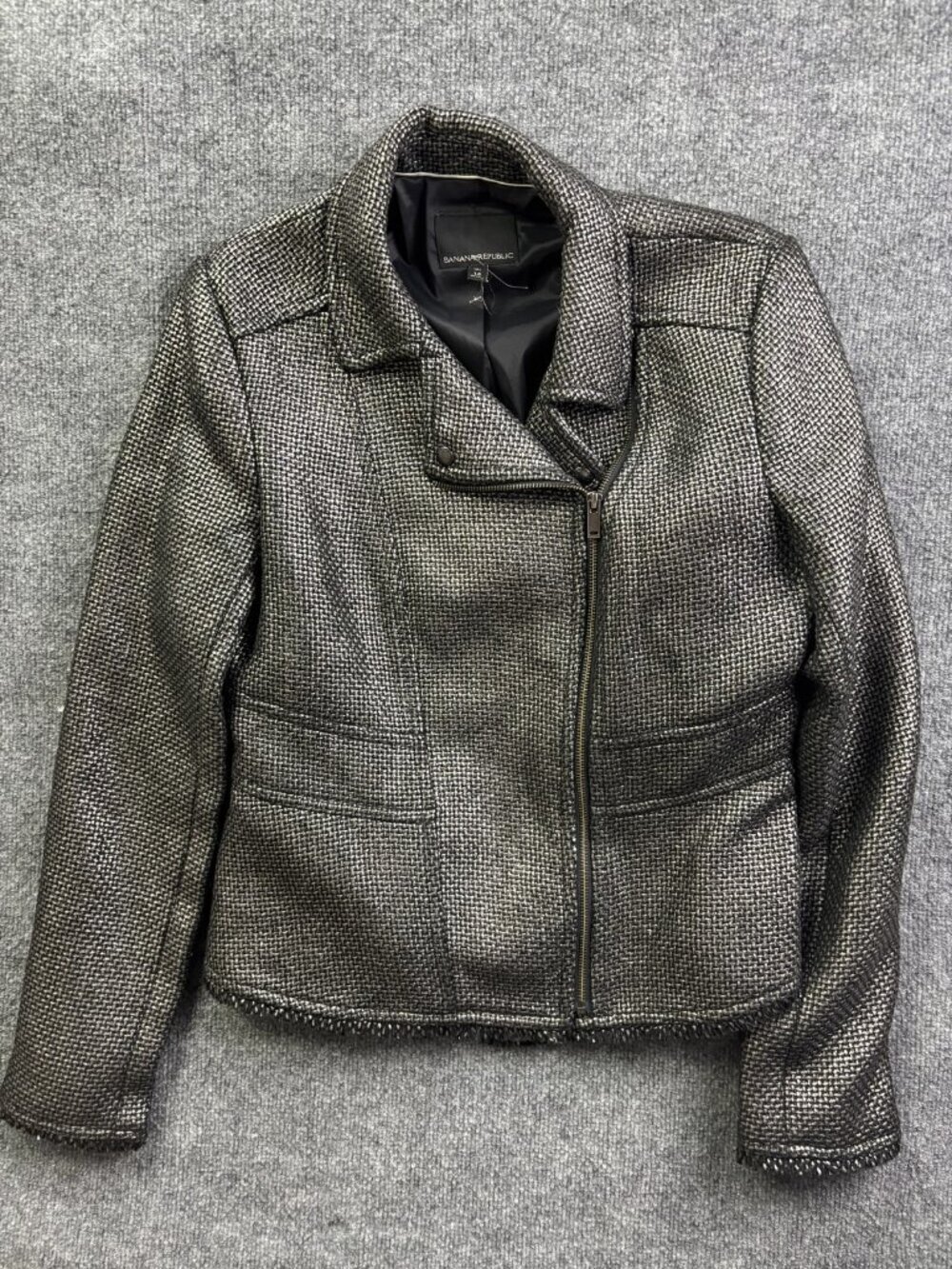 Banana Republic Jacket Womens 14 Tall Gray Tweed Moto Biker Full Zip Lined